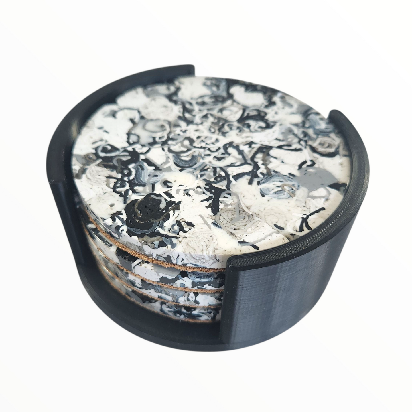 Black Speckled Coasters in stand