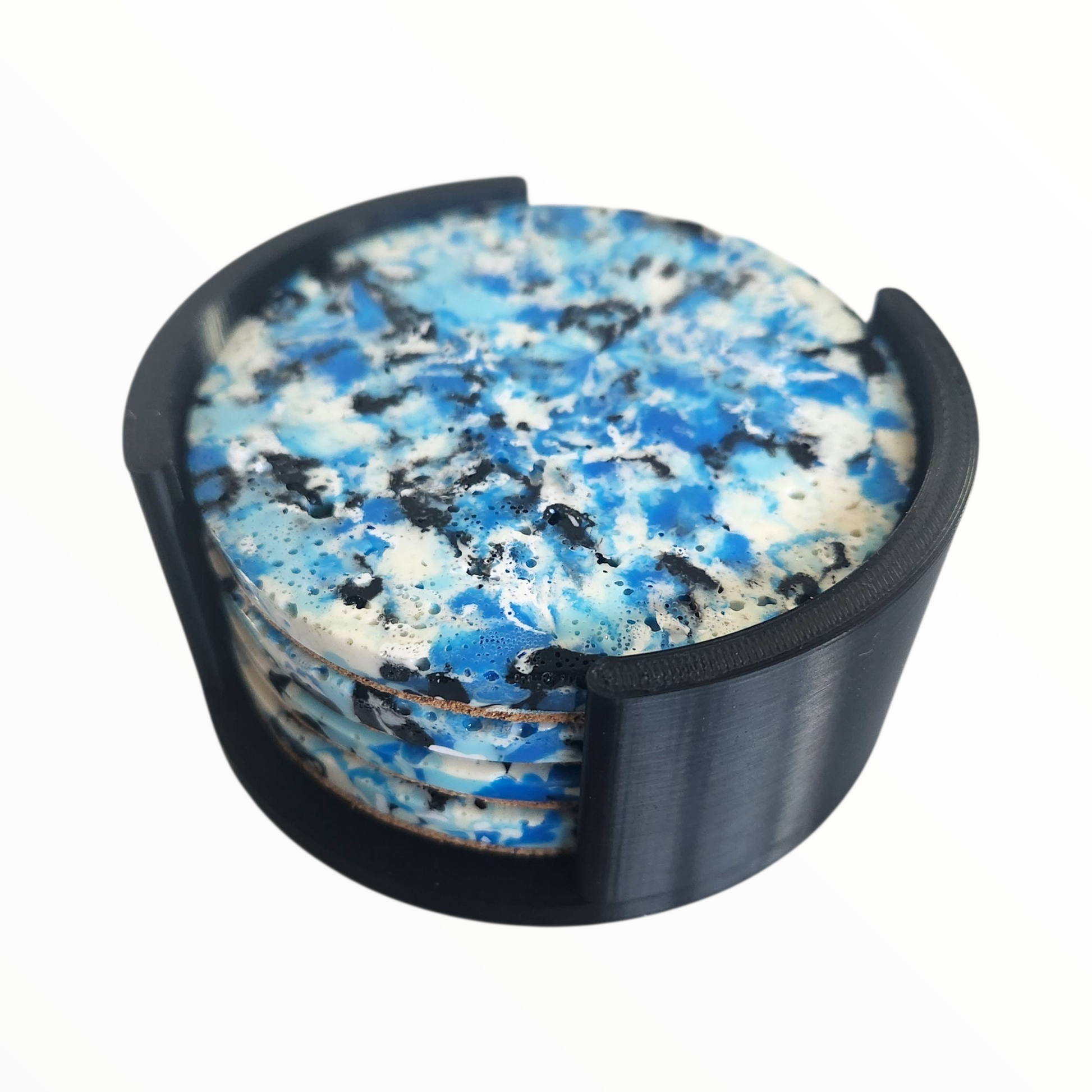 Blue Speckled Coasters in stand