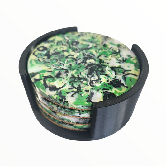 Green Speckled Coasters in stand