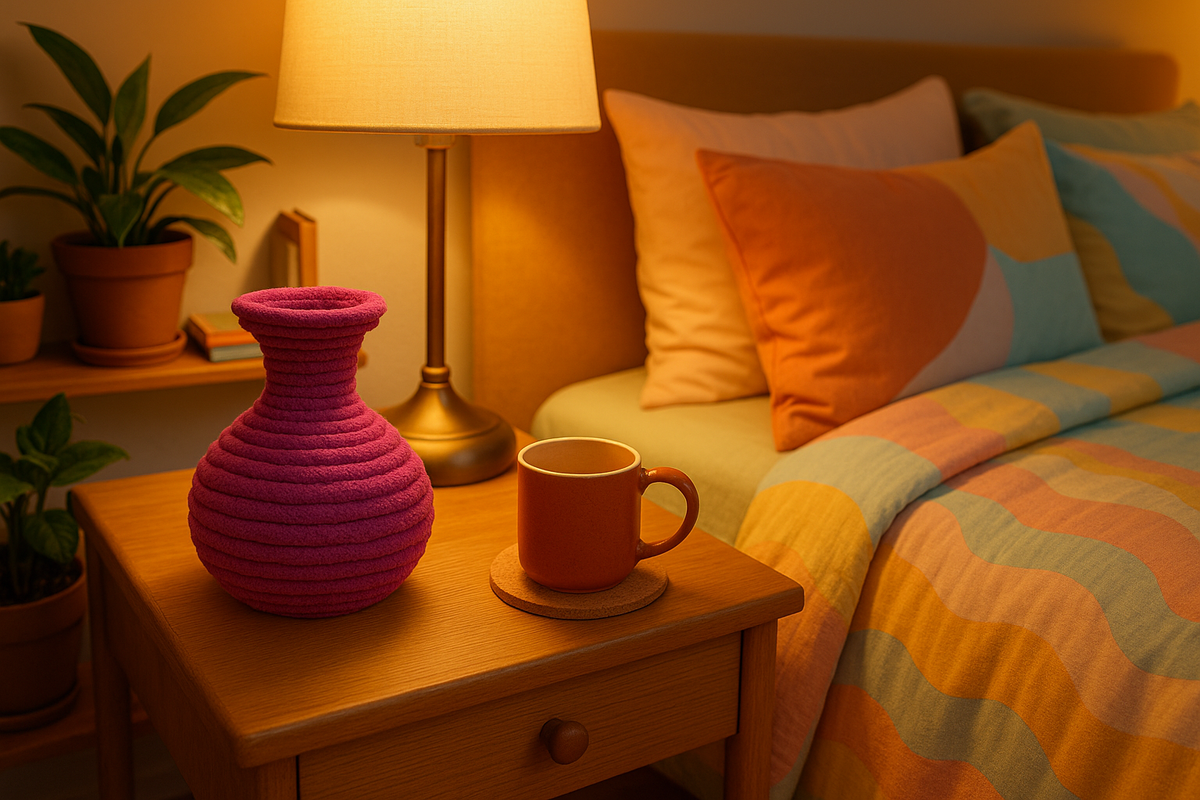 Colorful bedroom scene with pink decanter vase on nightstand
